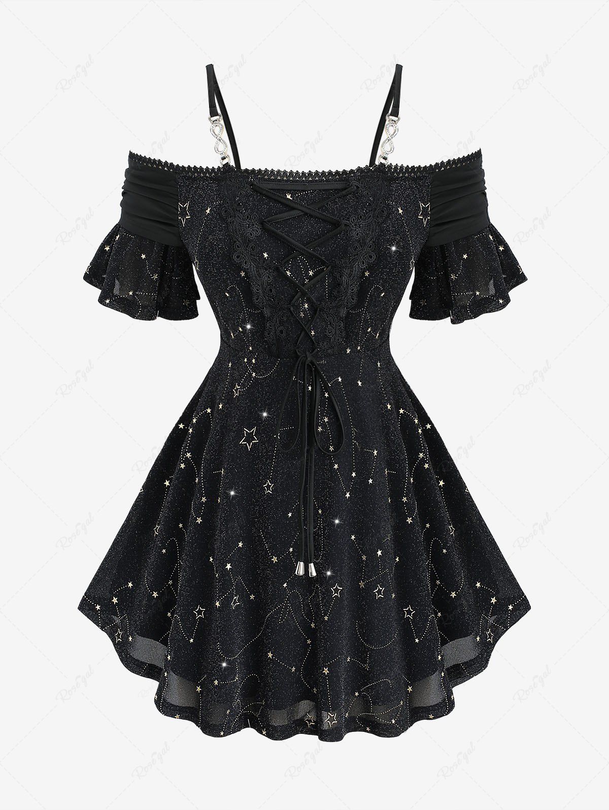 Cheap Plus Size Star Stamping Lace-up Lace Trim Cold Shoulder Ruffles Top  