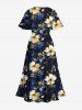 Plus Size Flowers Leaf Print Split Hawaii Midi Dress -  