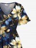 Plus Size Flowers Leaf Print Split Hawaii Midi Dress -  