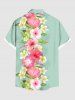 Plus Size Tropical Leaf Hibiscus Flowers Print Buttons Pocket Hawaii Shirt For Men -  