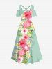 Plus Size Tropical Leaf Hibiscus Flowers Print Cold Shoulder Crisscross Hawaii Maxi Dress -  