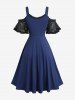 Plus Size Cold Shoulder Skull Mesh Overlay Ruched PU Buckle A Line 2 in 1 Dress -  