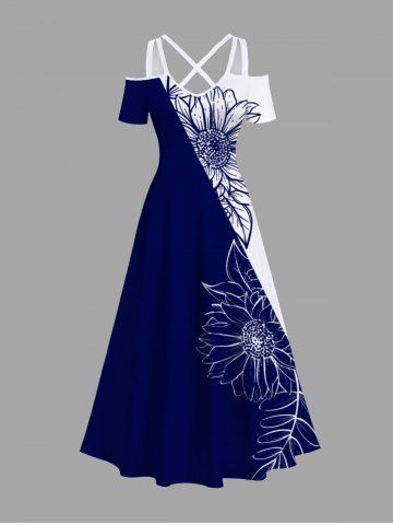 Plus Size Sunflower Two Tone Print Hawaii Cold Shoulder Crisscross A Line Maxi Dress - BLUE - 6X