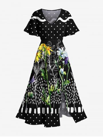 Plus Size Lily Flower Branch Spotted Pin Dot Print Hawaii Split Pocket A Line Midi Dress - BLACK - XS