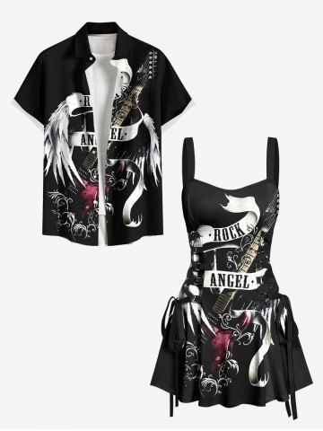 Music Festival Guitar Wings Ribbon Letters Print Plus Size Matching Outfit For Couples
