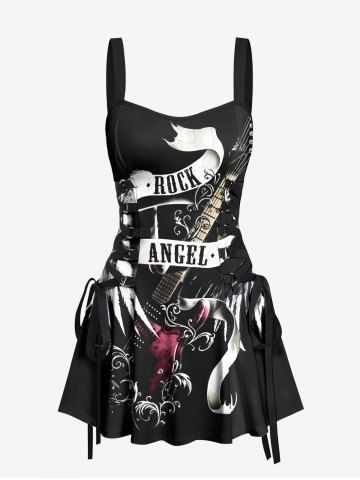 Music Festival Guitar Wings Ribbon Letters Print Lace Up Tank Dress - BLACK - XS