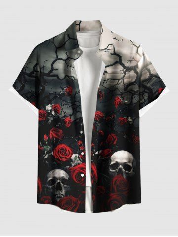 Plus Size Skulls Rose Flower Ombre Print Buttons Pocket Hawaii Shirt For Men - BLACK - L