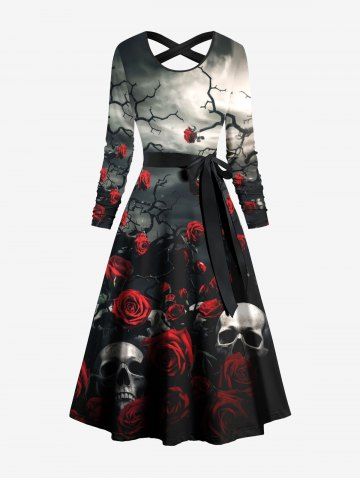 Skulls Rose Flower Ombre Print Crisscross Hawaii Dress With A Belt - BLACK - XS