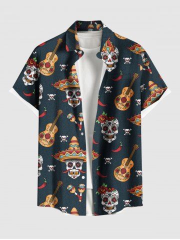 Plus Size Music Festival Hat Skulls Guitar Chili Print Buttons Pocket Shirt For Men - BLACK - L
