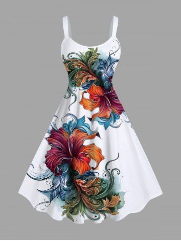 Plus Size Lily Flowers Leaf Print Hawaii Tank Dress - WHITE - 3X