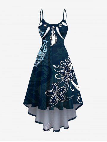 Plus Size Ethnic Flowers Compass Ivory Necklace Print High Low Hawaii Cami Dress - DEEP GREEN - 6X