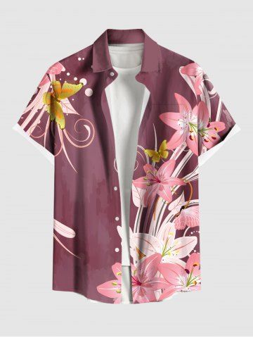 Plus Size Lily Flower Butterfly Curve Print Hawaii Button Pocket Shirt For Men