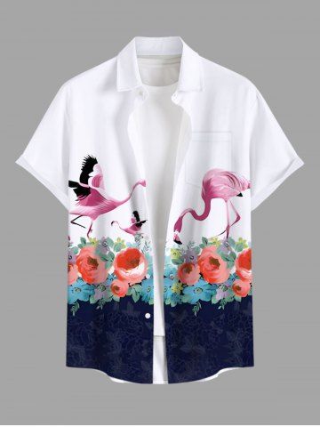 Plus Size Rose Flower Leaf Flamingo Print Hawaii Button Pocket Shirt For Men - WHITE - 2XL