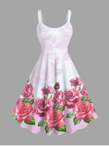 Plus Size Rose Flower Leaf Print Ombre Valentines Hawaii A Line Dress