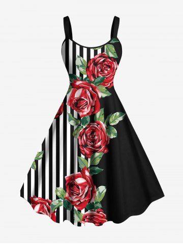 Plus Size Rose Flower Leaf Striped Print Hawaii Valentines A Line Tank Dress - BLACK - XS