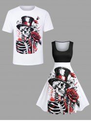 Skull Skeleton Hat Rose Flower Leaf Print Valentines Plus Size Matching Outfit For Couples -  