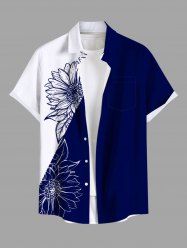 Plus Size Sunflower Two Tone Print Hawaii Button Pocket Shirt For Men -  