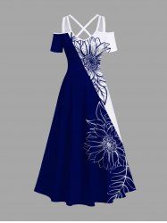Plus Size Sunflower Two Tone Print Hawaii Cold Shoulder Crisscross A Line Maxi Dress -  