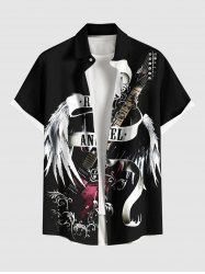 Plus Size Music Festival Guitar Wings Ribbon Letters Print Buttons Pocket Shirt For Men -  