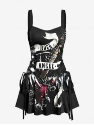 Music Festival Guitar Wings Ribbon Letters Print Lace Up Tank Dress -  