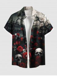 Plus Size Skulls Rose Flower Ombre Print Buttons Pocket Hawaii Shirt For Men -  