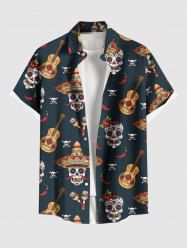 Plus Size Music Festival Hat Skulls Guitar Chili Print Buttons Pocket Shirt For Men -  