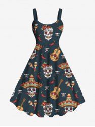 Plus Size Music Festival Hat Skulls Guitar Chili Print Tank Dress -  