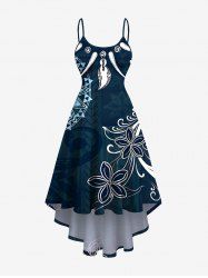 Plus Size Ethnic Flowers Compass Ivory Necklace Print High Low Hawaii Cami Dress -  