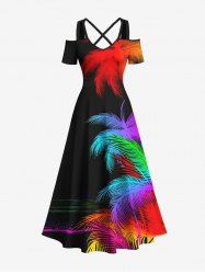 Plus Size Colorful Ombre Coconut Tree Tropical Leaves Print Hawaii  Cold Shoulder Crisscross A Line Maxi Dress -  