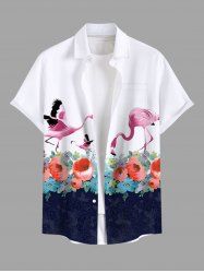 Plus Size Rose Flower Leaf Flamingo Print Hawaii Button Pocket Shirt For Men -  