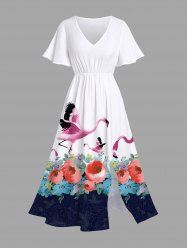 Robe Mi-Longue Rose Feuille et Flamant Imprimés de Grande Taille avec Poche - Blanc 6X