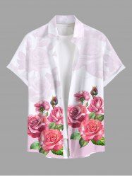 Plus Size Rose Flower Leaf Print Ombre Valentines Hawaii Button Pocket Shirt For Men -  