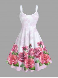 Robe Trapèze Ombrée de Grande Taille Imprimée Feuilles et Fleurs - Rose clair XS