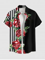 Plus Size Rose Flower Leaf Striped Print Hawaii Valentines Button Pocket Shirt For Men -  