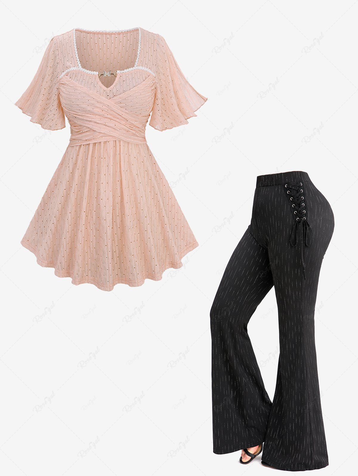 Discount Butterfly Decor Crossover Bust Pointelle Hollow Out Top and Glitter Line Insert Lace Up Pants Plus Size Outfit  