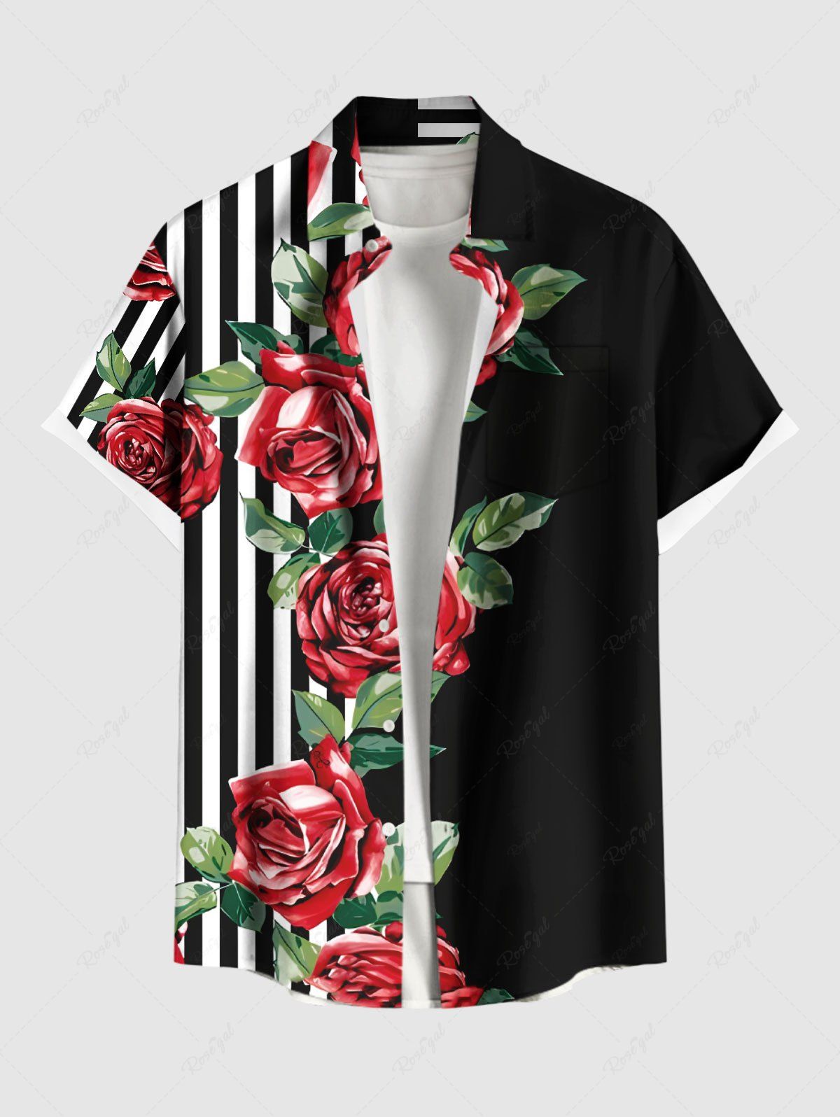 Trendy Plus Size Rose Flower Leaf Striped Print Hawaii Valentines Button Pocket Shirt For Men  