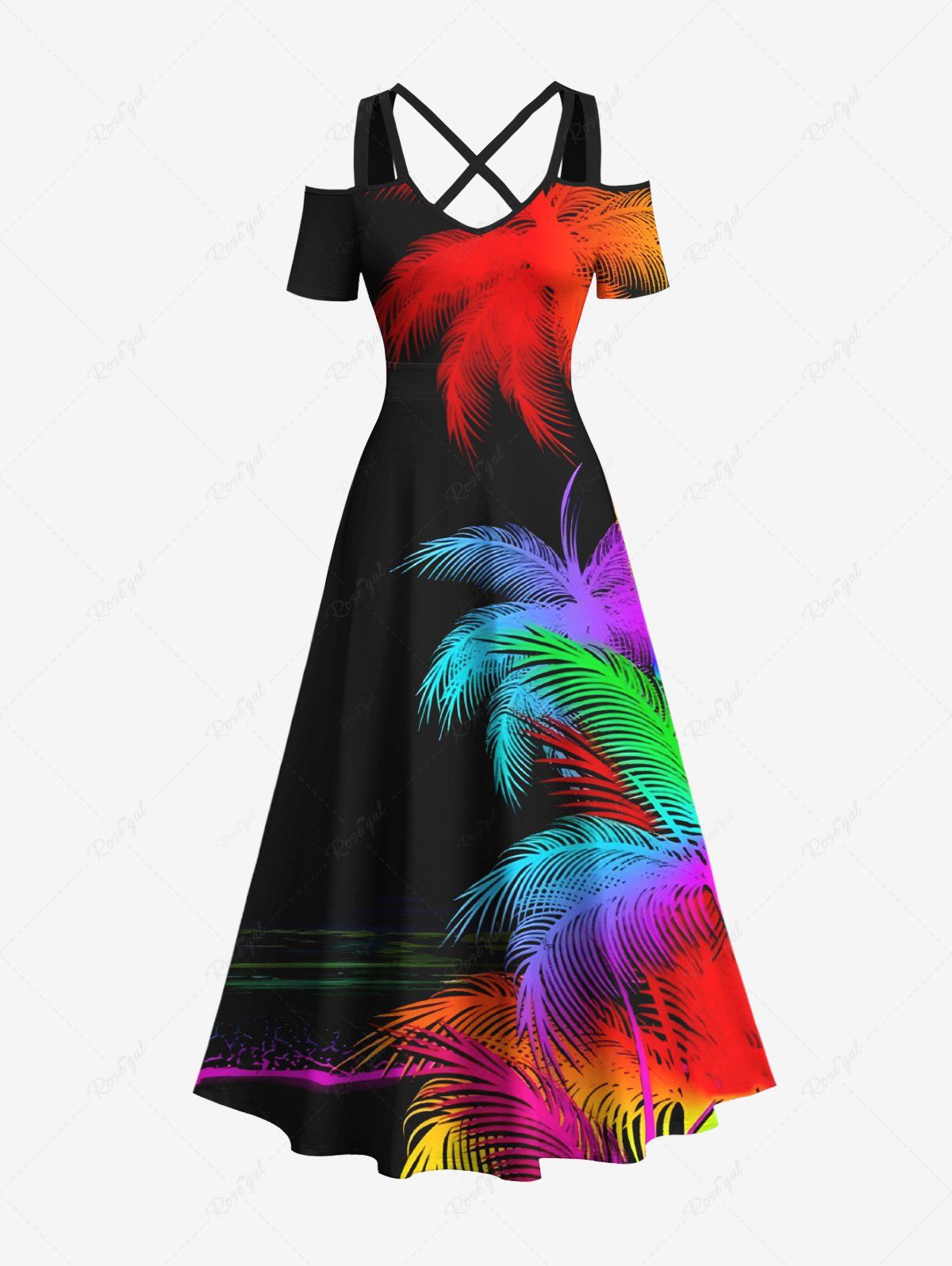 New Plus Size Colorful Ombre Coconut Tree Tropical Leaves Print Hawaii  Cold Shoulder Crisscross A Line Maxi Dress  