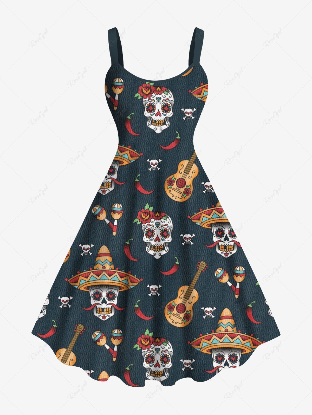 Outfit Plus Size Music Festival Hat Skulls Guitar Chili Print Tank Dress  