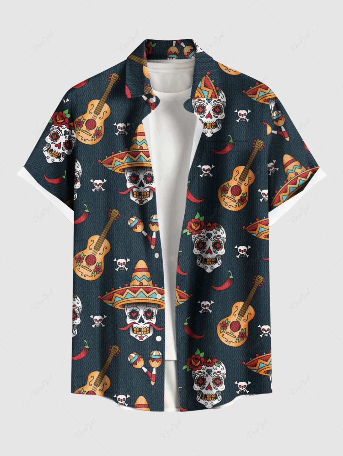 Unique Plus Size Music Festival Hat Skulls Guitar Chili Print Buttons Pocket Shirt For Men  