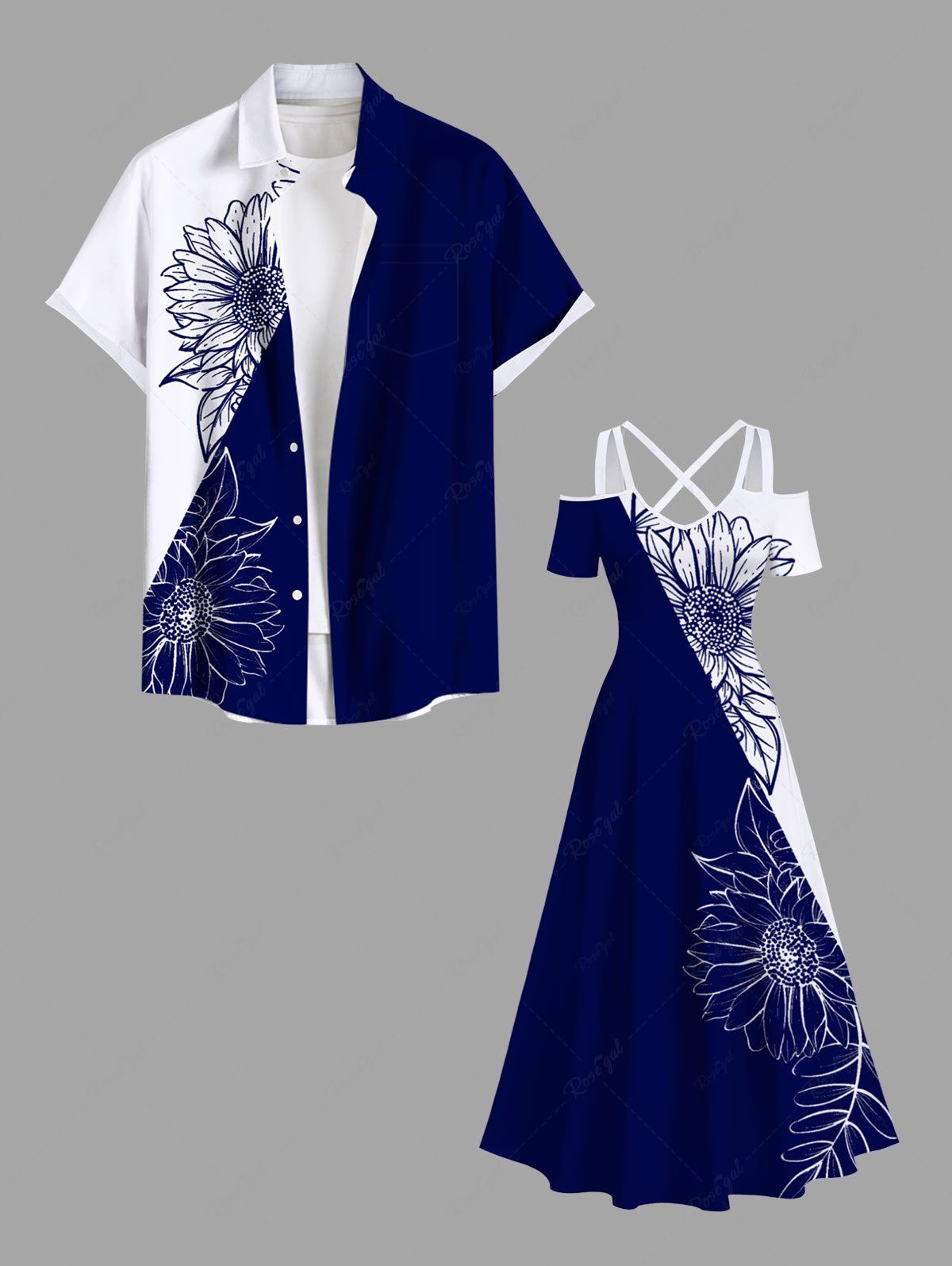 Tenue de Plage Grande Taille Imprimé Tournesol Contrastant Bleu 