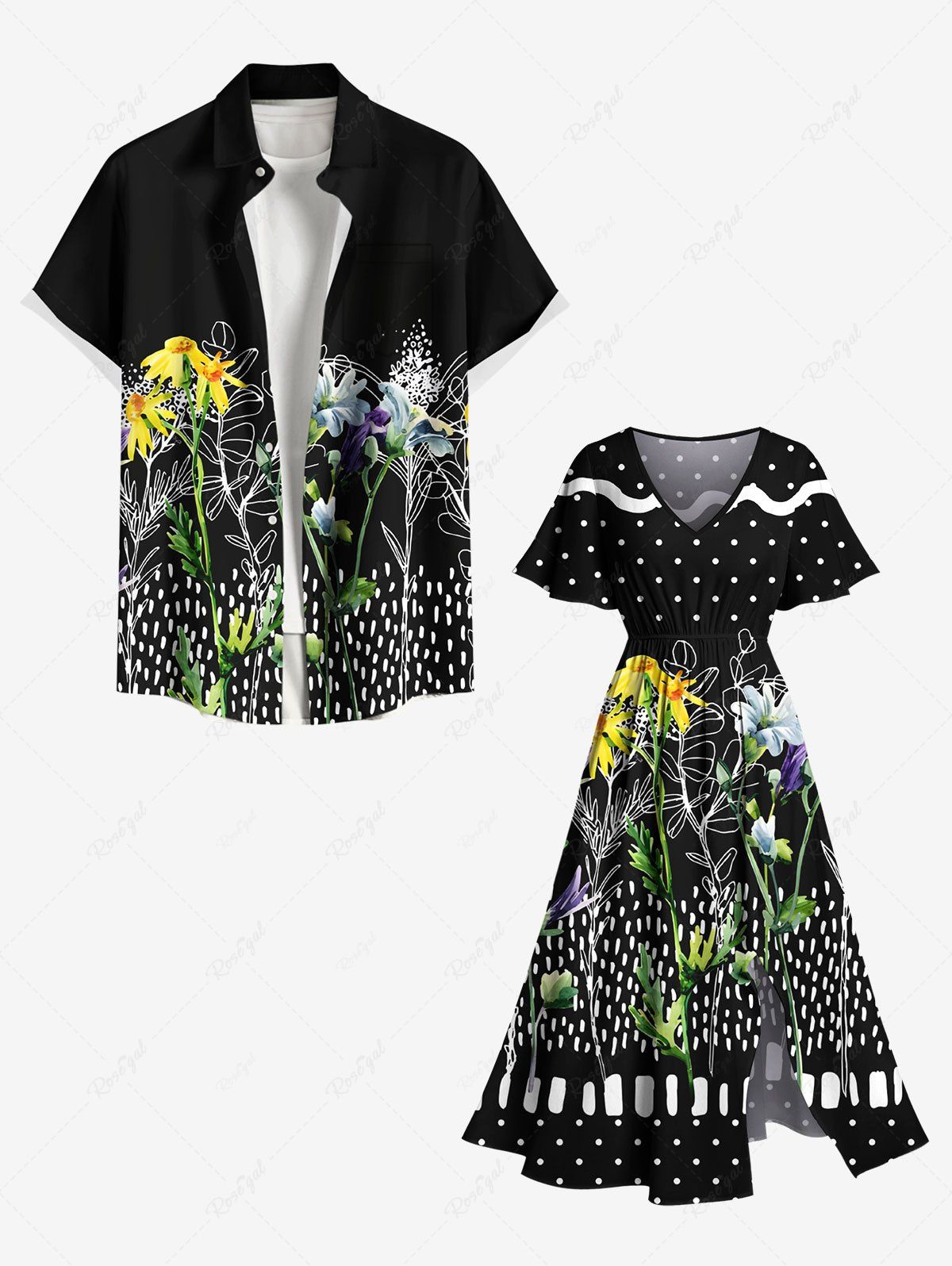Cheap Lily Flower Branch Spotted Pin Dot Print Plus Size Matching Hawaii Beach Outfit For Couples  