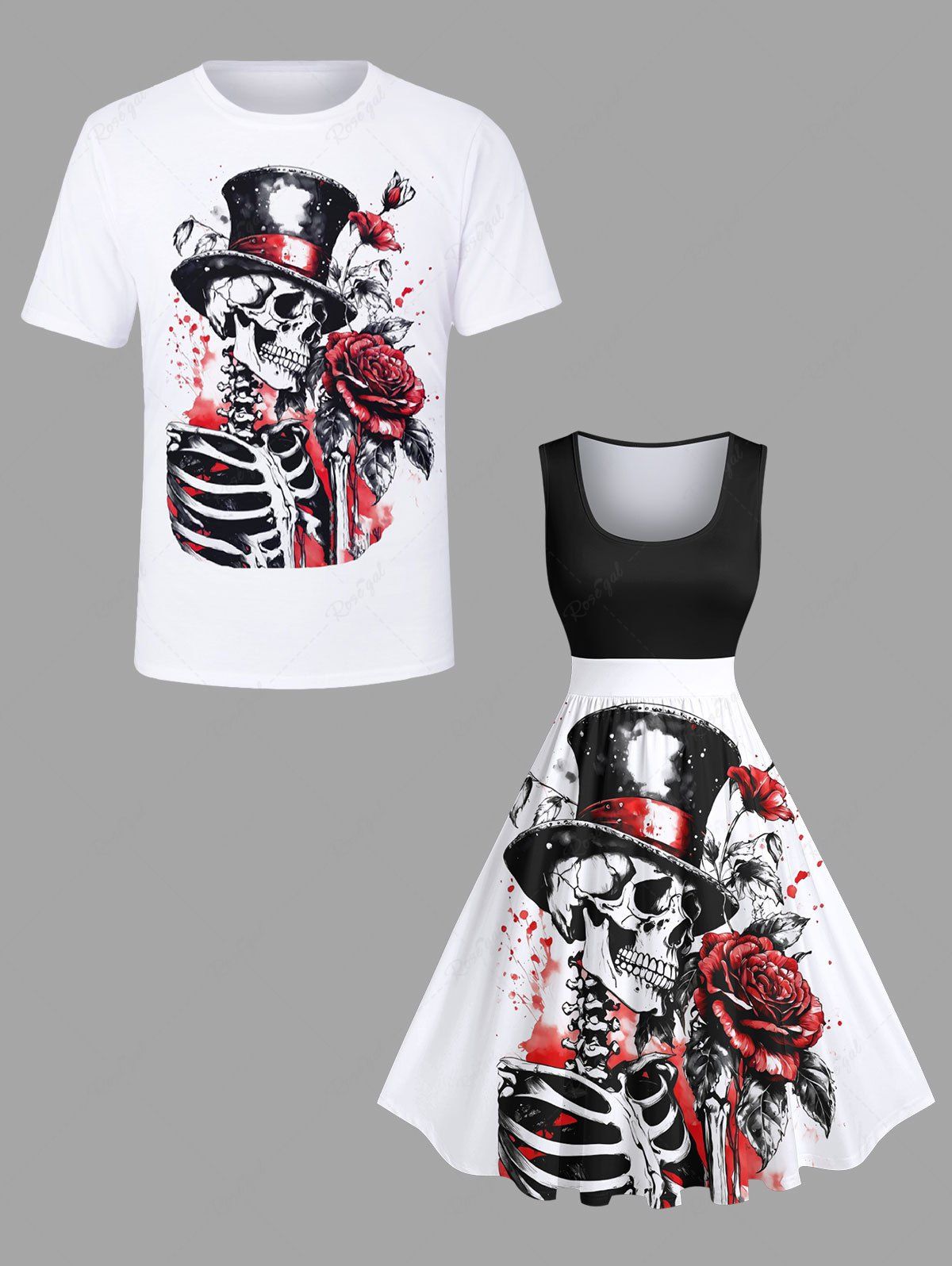 Chic Skull Skeleton Hat Rose Flower Leaf Print Valentines Plus Size Matching Outfit For Couples  