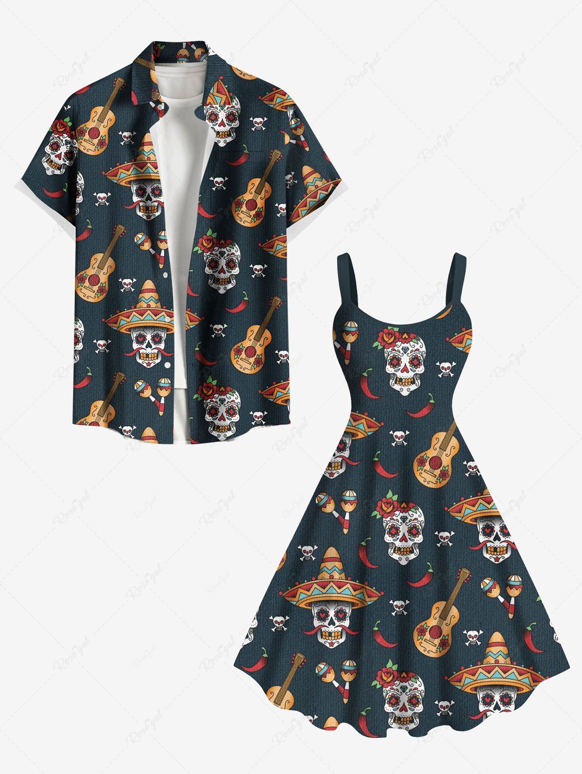 Outfit Music Festival Hat Skulls Guitar Chili Print Plus Size Matching Outfit For Couples  