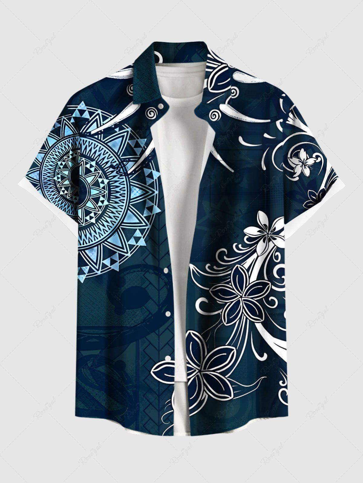 Sale Plus Size Ethnic Flowers Compass Ivory Necklace Print Buttons Pocket Hawaii Shirt For Men  
