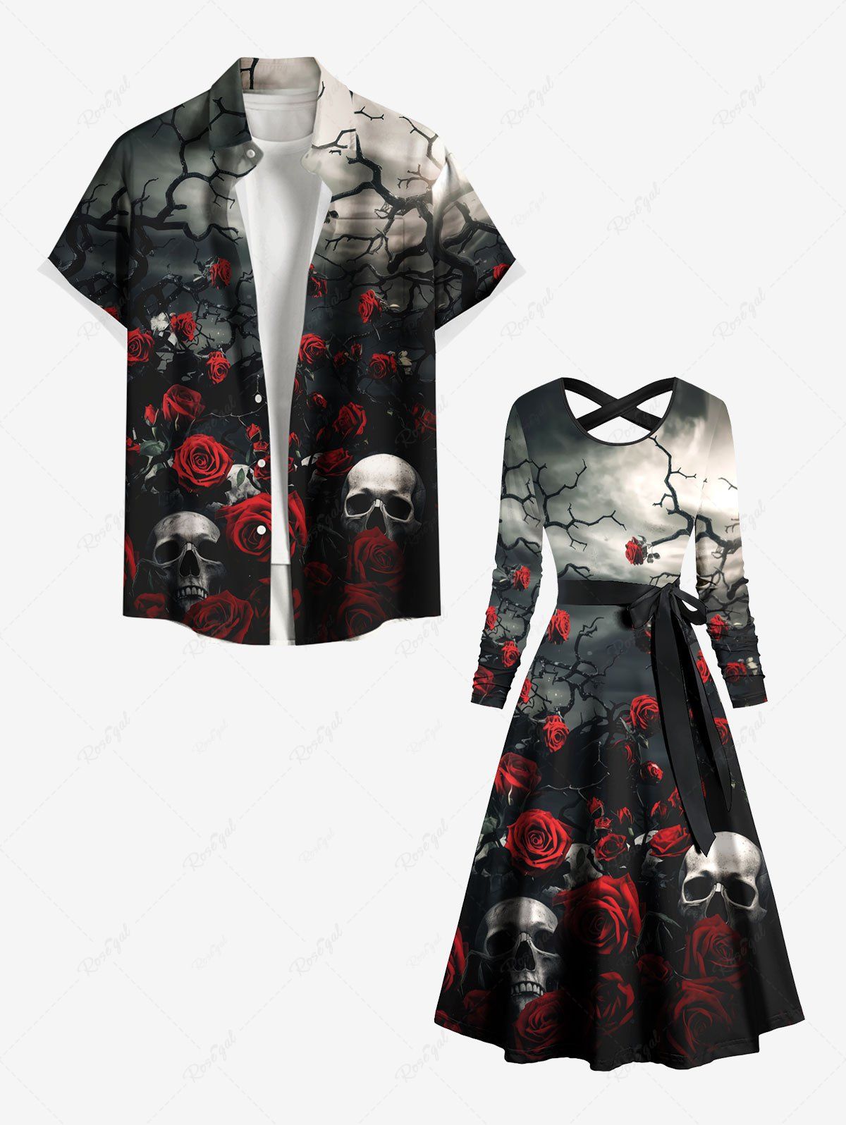 Latest Skulls Rose Flower Ombre Print Plus Size Matching Hawaii Beach Outfit For Couples  