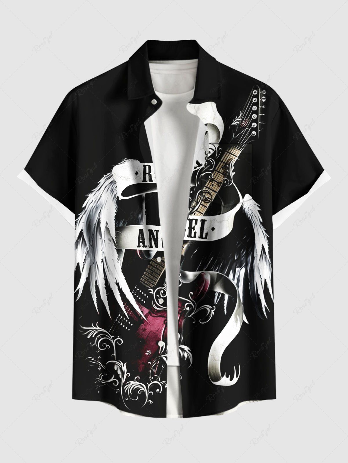 Cheap Plus Size Music Festival Guitar Wings Ribbon Letters Print Buttons Pocket Shirt For Men  