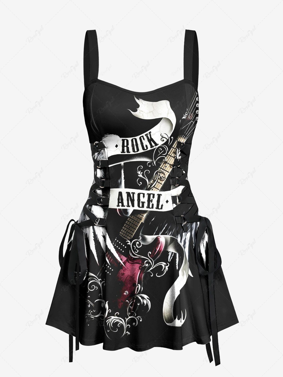 Fashion Music Festival Guitar Wings Ribbon Letters Print Lace Up Tank Dress  