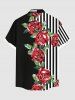 Plus Size Rose Flower Leaf Striped Print Hawaii Valentines Button Pocket Shirt For Men -  