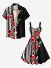 Plus Size Rose Flower Leaf Striped Print Hawaii Valentines A Line Tank Dress -  