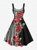 Plus Size Rose Flower Leaf Striped Print Hawaii Valentines A Line Tank Dress -  
